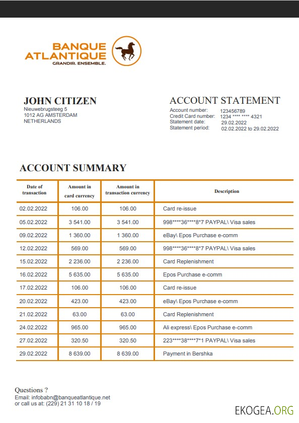 Modèle de relevé bancaire Bénin Banque Atlantique au format Word et PDF